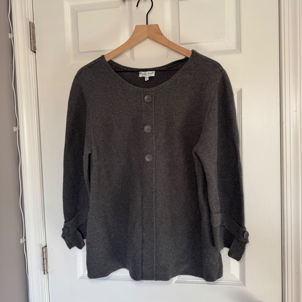 Habitat Clothes To Live In Womens XL Grey Cotton Pullover Faux Cardigan Sweater